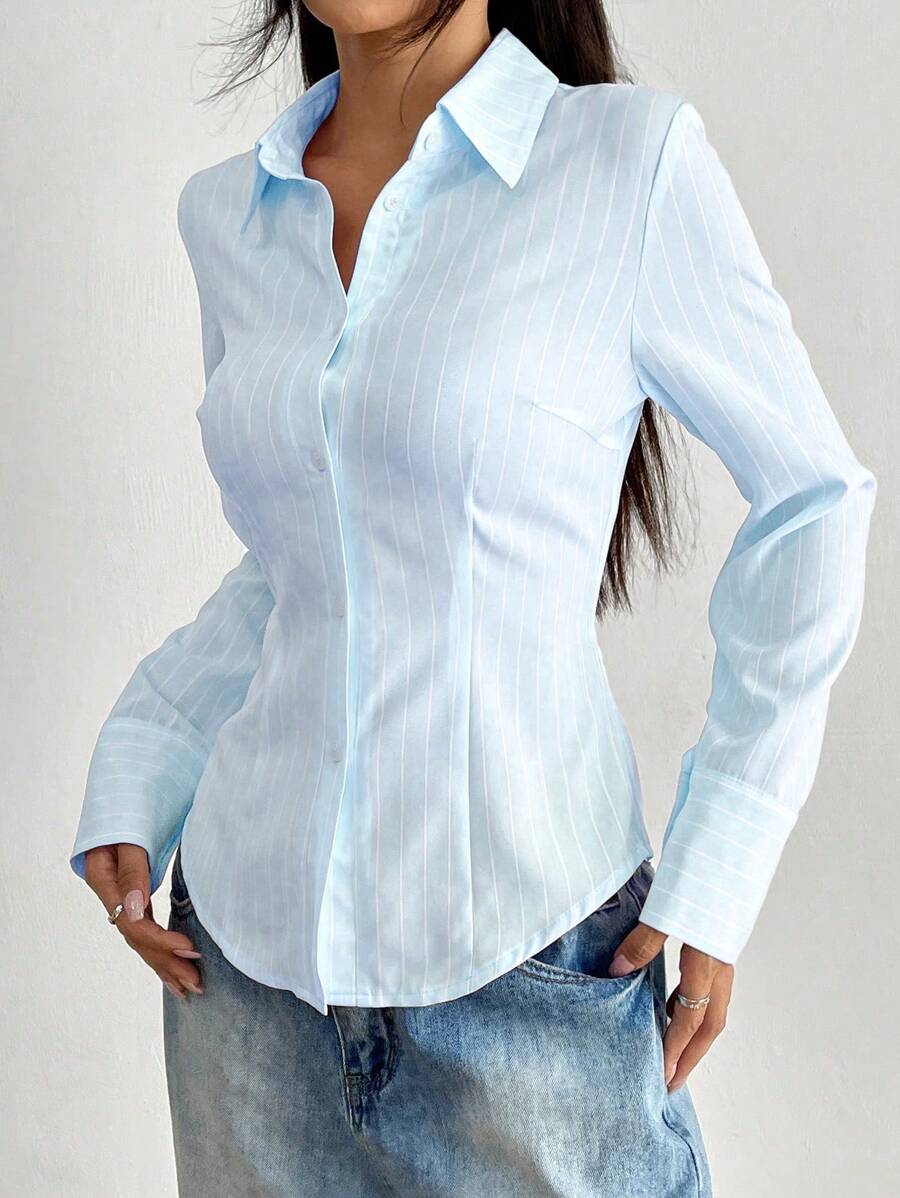 Flirla 休闲条纹褶皱腰衬衫，春秋 - 彩色 - 查看 1