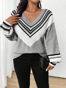 Sweater Rajut Blok Warna Ukuran Besar, Pullover Rajut Musim Dingin untuk Musim Gugur - MultiWarna - View 1