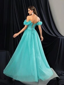 Princess Style Premium One Shoulder High Slit Blue Green Women Gown Dresses For Formal Banquet - Green - View 2