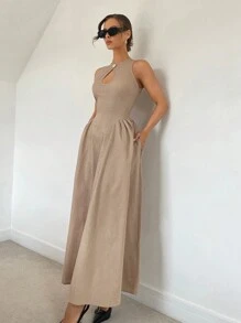 Siren Gaze 女士亚麻色镂空前收腰 A 字形侧褶连衣裙 - 杏色 - 查看 6