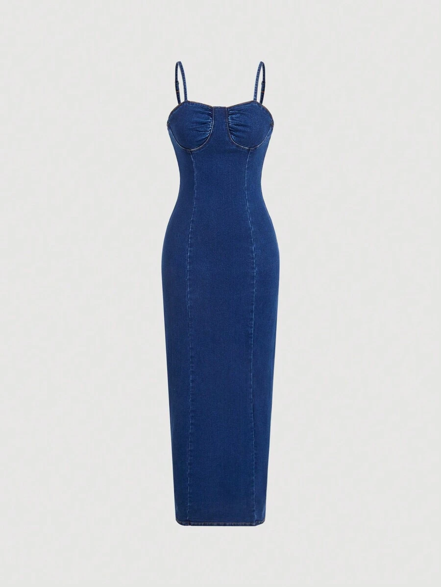 SHEIN MOD Women's Sleeveless Back Zipper Simple Denim Casual Dress - Dark Wash - View 1