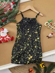 SHEIN Robe de Noël pour jeunes filles, robe de fête à imprimé graphique avec message de Noël sans manches pour tout-petit en noir, nouvelle arrivée pour l'automne