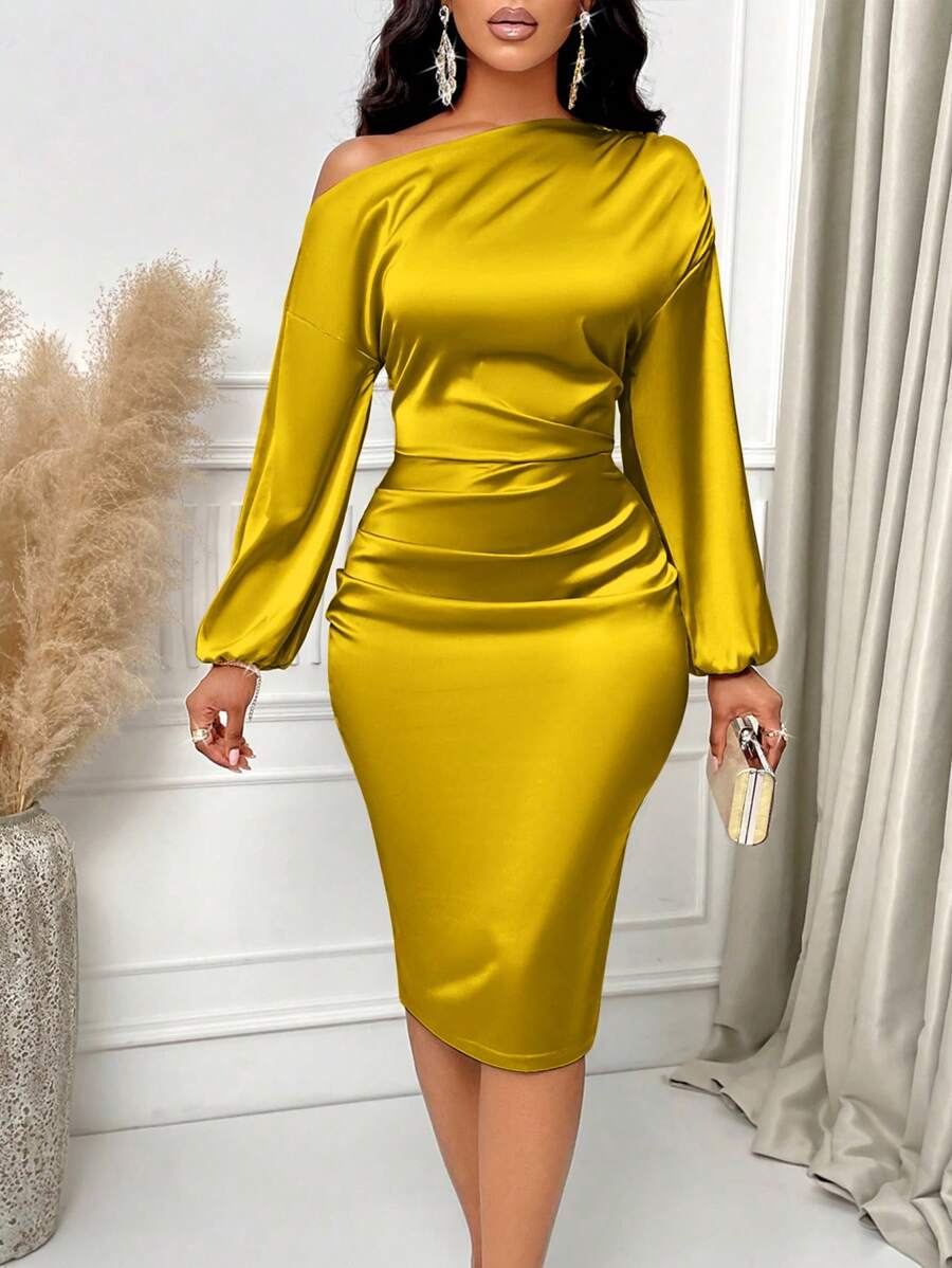 SOLERSUN Asymmetric Neckline Ruched Side Satin Bodycon Dress Maxi Women Outfit Fall Cloth For Women - Mustard Yellow - View 1