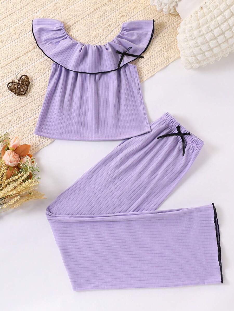 2 pièces Ensemble top à épaules dénudées élégant lavande avec volant et nœud décoratif et pantalon casual de couleur unie pour adolescentes - Parme - Voir 1