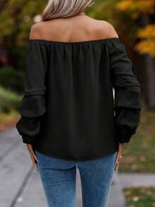 SHEIN Clasi 露肩褶饰主教袖衬衫、长袖上衣 - 黑色 - 查看 2