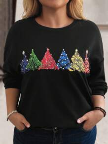 SHEIN LUNE Plus Size Christmas Tree Print Casual Sweatshirt For Fall/Winter Clothes - Black - View 3