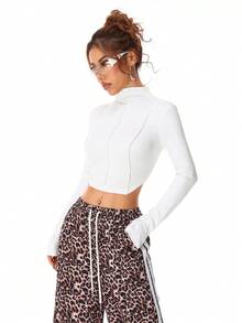 Muchica 女士秋冬街头休闲毛绒针织开叉设计高领白色长袖上衣 - 白色 - 查看 7