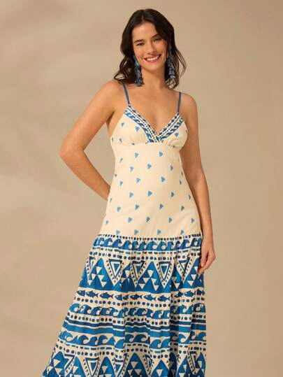 CAJUNI Women's Boho Print, Wave And Little Fish Blue Print, V-Neck Halters Pompous Dress, Summer Casual Beach Holiday Extra Long Dress