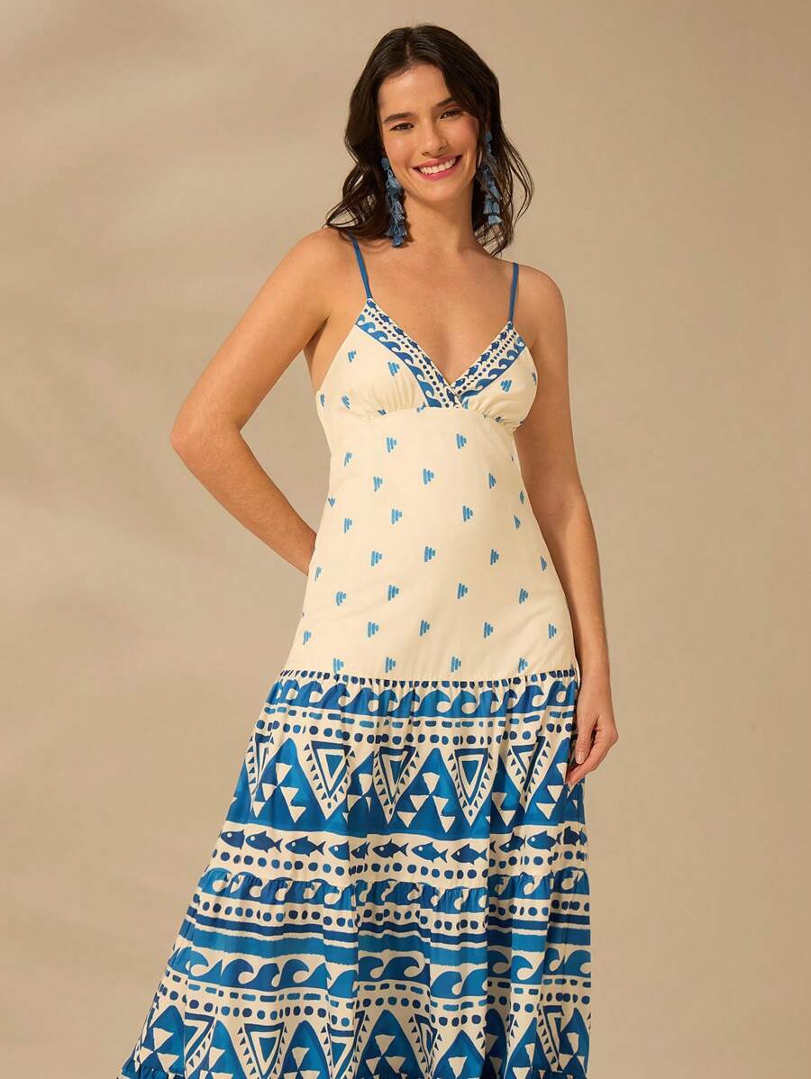 CAJUNI Đầm xòe hở vai cổ chữ V họa tiết Boho, họa tiết sóng và cá nhỏ cho nữ, váy dài thướt tha cho kỳ nghỉ bãi biển mùa hè - Nhiều màu - Xem 1