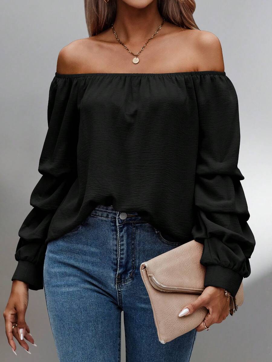 SHEIN Clasi 露肩褶饰主教袖衬衫、长袖上衣 - 黑色 - 查看 1
