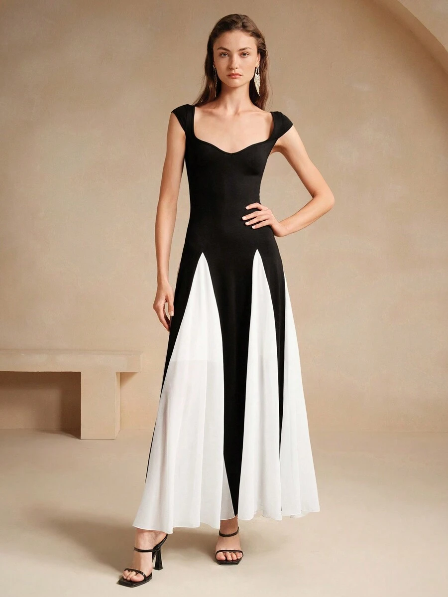 Anewsta Women's Black And White Chiffon Swing Dress Maxi Women Outfit - Black - View 1