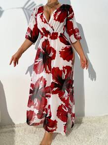 SHEIN Swim Vestido-pareo de playa con estampado floral para el verano - Rojo y blanco - Ver 3