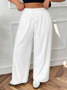 SHEIN EZwear 大码女式纯色抽绳腰阔腿宽松休闲运动裤