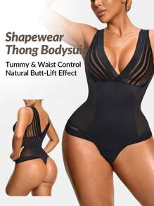 SHAPORA 女士纯色 V 领网眼拼接透视露背无袖连体塑身衣