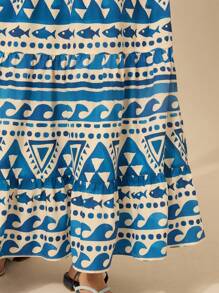 CAJUNI Đầm xòe hở vai cổ chữ V họa tiết Boho, họa tiết sóng và cá nhỏ cho nữ, váy dài thướt tha cho kỳ nghỉ bãi biển mùa hè - Nhiều màu - Xem 5