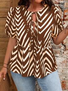 Flirla Plus Size Casual All-Over Print Puff Sleeve Shirt - Coffee Brown - View 6