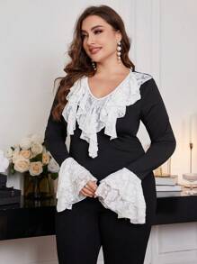 Modelyn 大码春秋季优雅撞色蕾丝拼接喇叭袖 T 恤，优雅奢华派对晚礼服秋冬，衬衫上衣 T 恤 - 彩色 - 查看 1