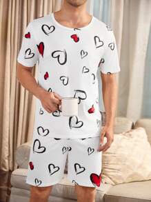 Heart Printed Casual Men's Pajama Set - White - View 6