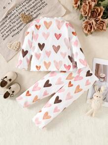 2pcs Baby Girl Casual Heart Print Long Sleeve Top And Pants Set, Spring Autumn - White - View 2