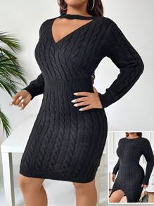 Celure Plus rozmiar Jednolita kolorowa sukienka sweterkowa z dekoltem w kształcie litery V i długim rękawem