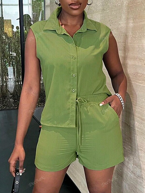 Conjunto de 2 piezas para mujer de camisa sin mangas con textura y botones + shorts con bolsillos y cintura con lazo, para uso casual de verano y vacaciones