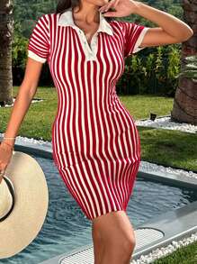 EURMUSE Polo Neck Mini Vertical Stripe Sweater Dress - Red - View 1