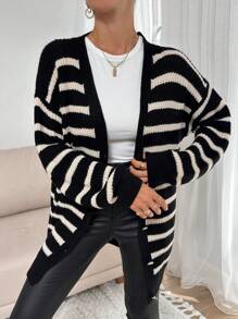 针织黑白条纹大码开衫 - 黑與白 - 查看 2