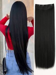 28英寸酒红色直长款合成假发马尾接发，适合女性 - 自然黑 - 查看 2