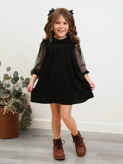 SHEIN Young Girl Peter-Pan Collar Sheer Dobby Mesh Lantern Sleeve Smock Dress