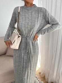 EURMUSE Tall Tall Size Women Solid Color Knitwear Maxi Dress With Cord Detail On Waist,Petite - Light Grey - View 2
