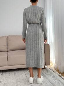 EURMUSE Tall Tall Size Women Solid Color Knitwear Maxi Dress With Cord Detail On Waist,Petite - Light Grey - View 4