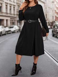 加大码纯色圆领长袖连衣裙长款女装 - 黑色 - 查看 5