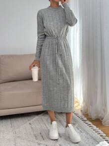 EURMUSE Tall Tall Size Women Solid Color Knitwear Maxi Dress With Cord Detail On Waist,Petite - Light Grey - View 5