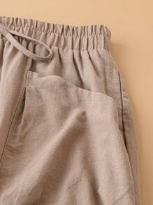 Pantalones casuales simples de talla grande de unicolor con bolsillo y amarre delantero - Camel - Ver 4