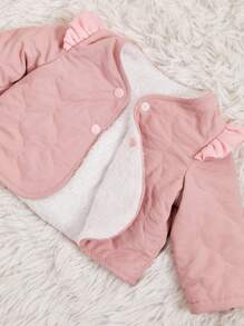 SHEIN Newborn Baby Girl Winter Warm Fleece Diamond Shaped Solid Color Coat With Ruffled Hooded Hat Set - Pink - View 4