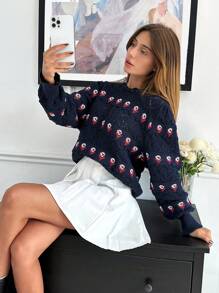 RueChic Cotton Knitwear Pretty Flower Pattern Hollow Out Sweater - Navy Blue - View 5