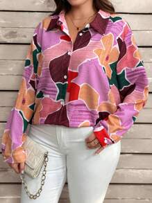 SHEIN CURVE+ Plus Size Women's Colorful Printed Long Sleeve Shirt - Multicolor - View 4