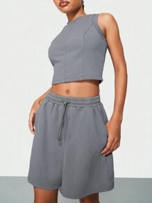 SUMWON WOMEN Two Piece Tank And Shorts Set Relaxed Fit Workout Loungewear Spring Summer Activewear Gym Running Casual - Grey - View 4