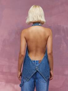 MISSGUIDED 纽扣挂脖式牛仔长款上衣 - 中等水洗藍 - 查看 2