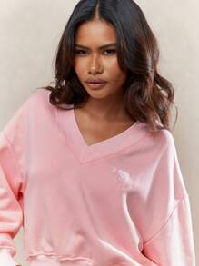 MISSGUIDED Embroidered Logo V Neck Short Sleeves Crop Sweatshirt