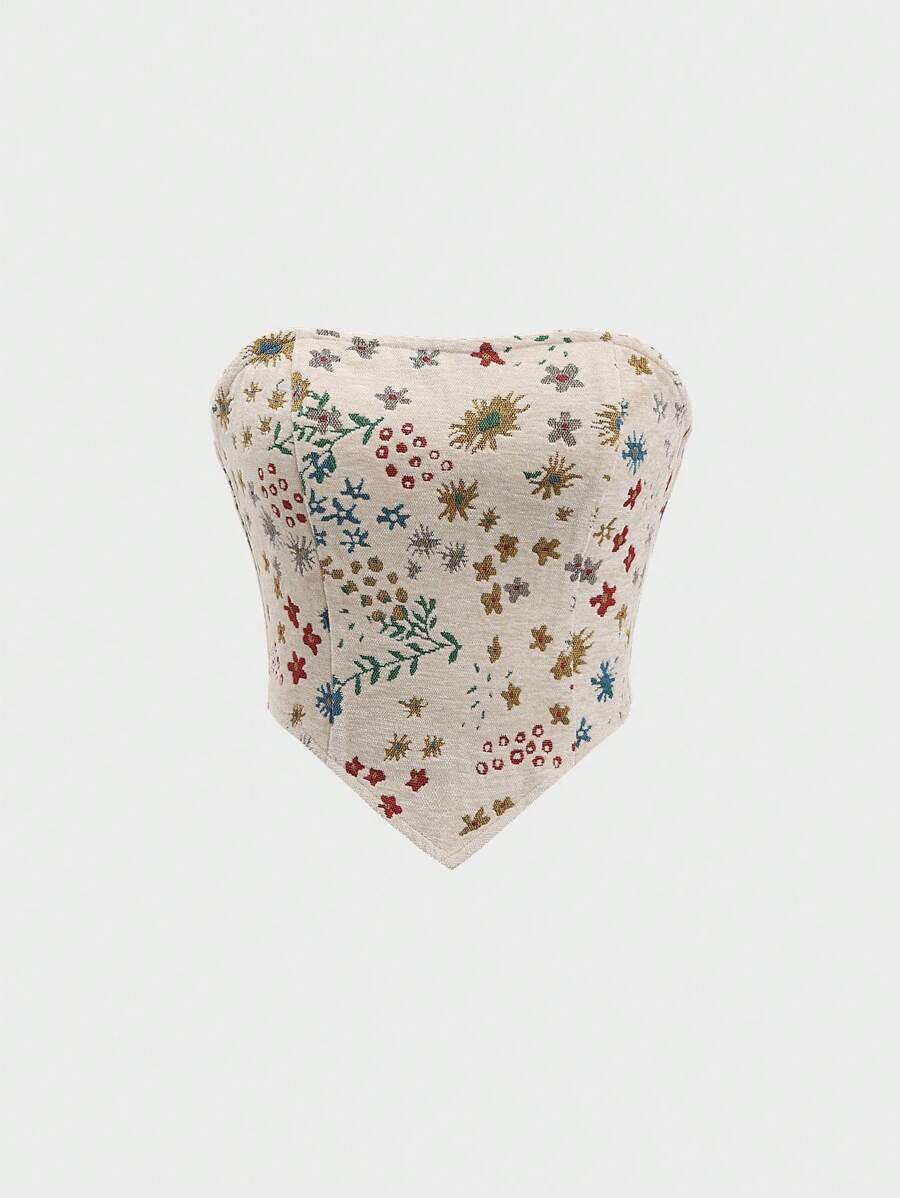 Sweetra Women's Summer Floral Asymmetric Hem Tube Top Y2K Outfit  - Apricot - View 1