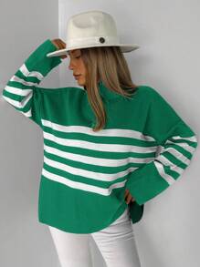 EURMUSE Striped Pattern Mock Neck Drop Shoulder Jumper - Green - View 6
