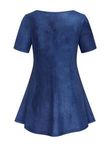 SHEIN PETITE CURVE 2 件大码全印花圆领短袖上衣和紧身裤休闲套装 - 藍色 - 查看 4