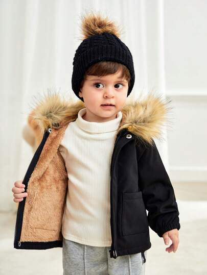 SHEIN 男童黑色保暖内衬连帽棉服夹克，带口袋，简约时尚百搭百搭派克大衣，适合居家、上学、度假、滑雪拉链连帽衫男童冬季外套，男童服装冬装儿童外套