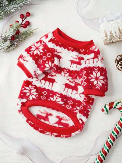 PETSIN 1pc Pet Hoodie Sweatshirt com padrão de veado e floco de neve de Natal, flanela