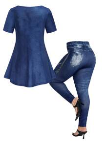 SHEIN PETITE CURVE 2 件大码全印花圆领短袖上衣和紧身裤休闲套装 - 藍色 - 查看 2