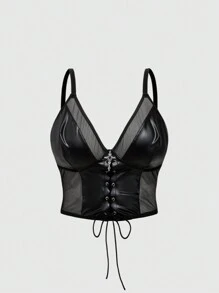 ROMWE Goth Women Gothic Style PU Mesh Contrast Criss-Cross Front Design Tank Top