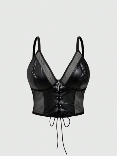 Goth Top canotta da donna in stile gotico, in rete PU con design incrociato contrastante sul davanti