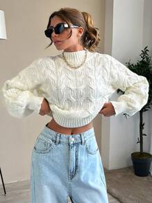 EURMUSE Elegant Mock Turtle Neck Cable Knit Chic Sweater - White - View 1
