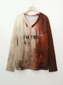 Fashionable Bloody Grunge English Print V-Neck Long Sleeve T-Shirt, Casual Chic Women Clothing